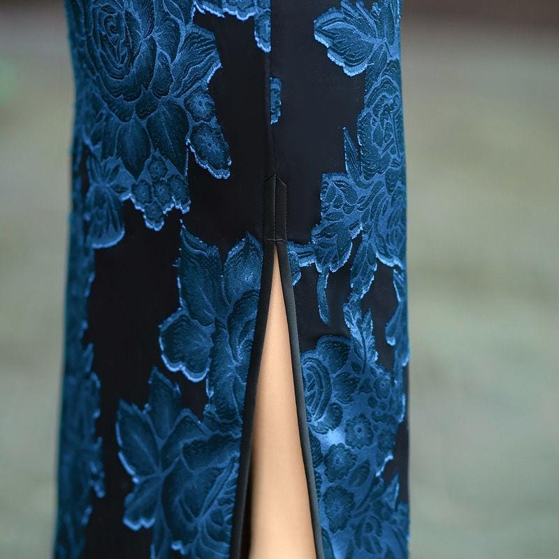 Vestido Qipao de encaje azul – Cheongsam con hombros transparentes – Vestido floral de fiesta  – Tallas grandes M-5XL