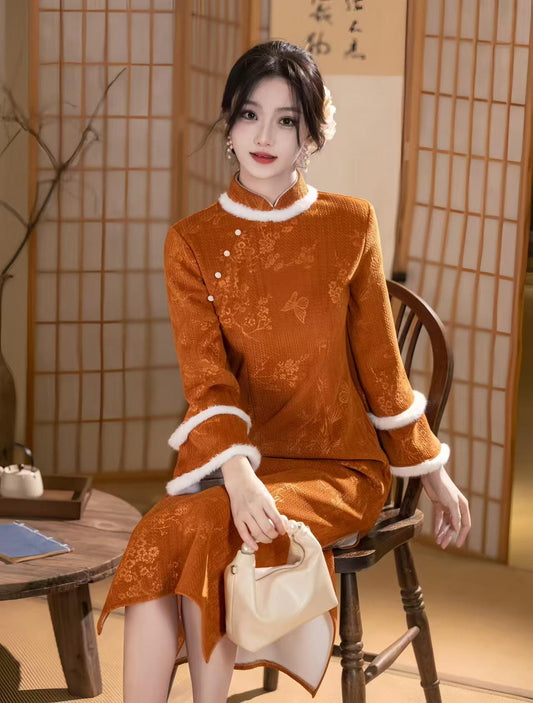 Floral Print Velvet Qipao, Warm Autumn Dress Long Sleeve, Pearl Frog Buttons, Orange Winter Cheongsam, Traditional Chinese, Gift