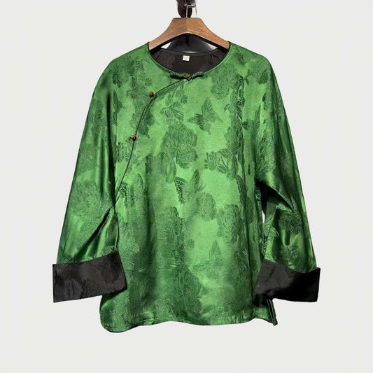 Green Silk Tang Jacket, Chinese Brocade Shirt, Vintage Oriental Top, Unisex Hanfu Outerwear, Lunar New Year Outfit, Classic Asian Jacket