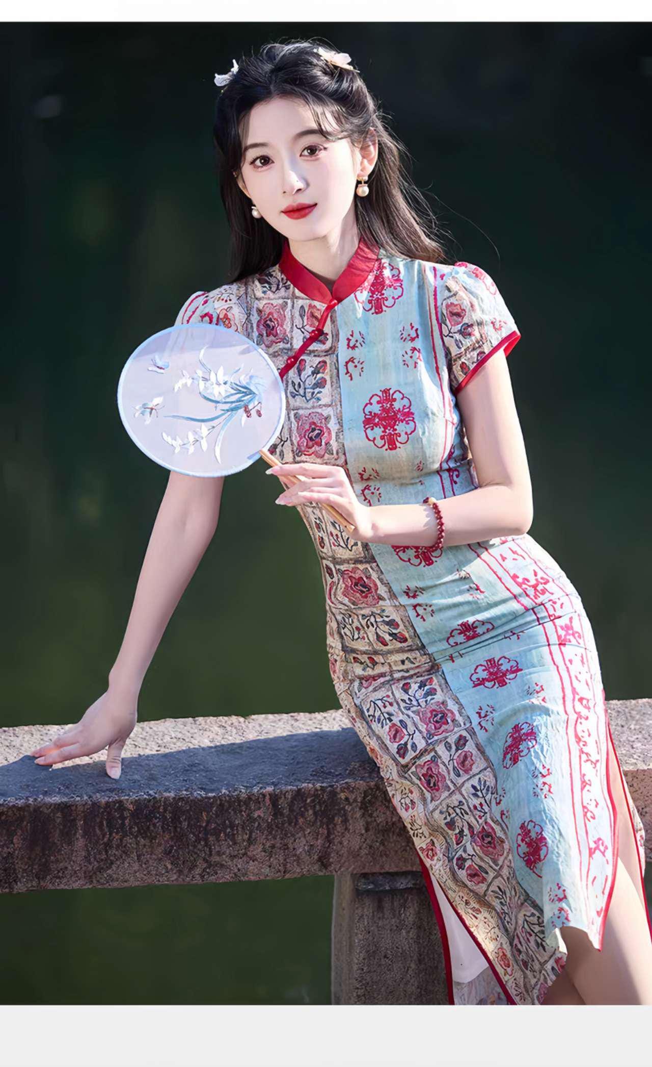 Patchwork Qipao Dress, Retro Cheongsam, Oriental Boho Dress, Vintage Style Qipao, Spring Summer Tea Dress, Gift for Her