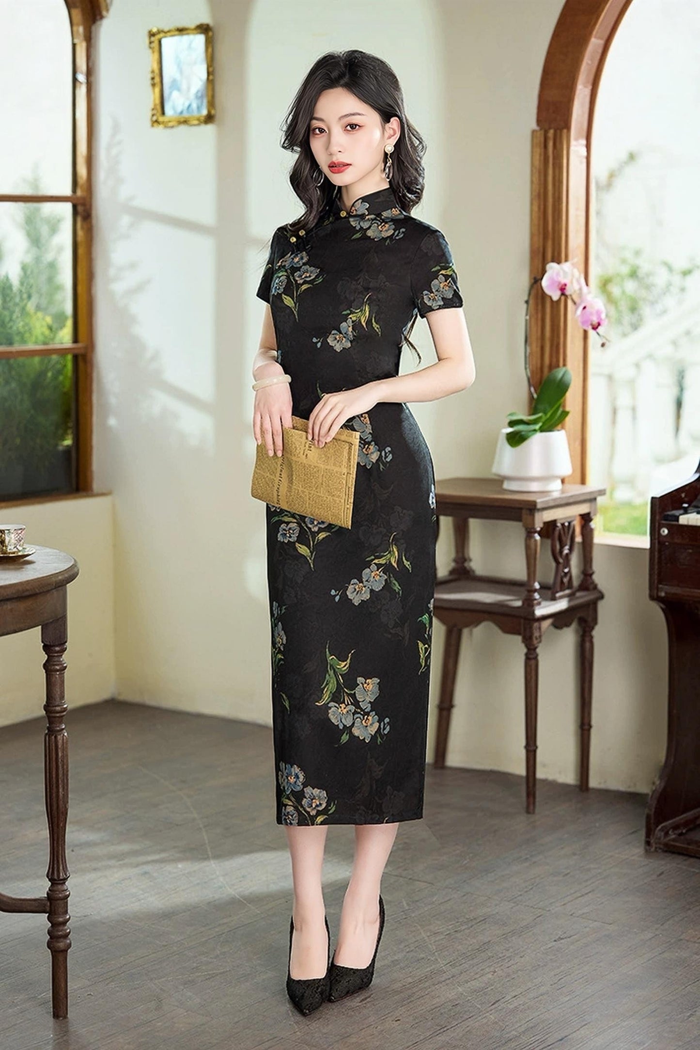 Vestido Cheongsam negro,Vestido Qipao Vintage,Vestido Midi Floral Chino, Vestido de invitada de boda asiática, Vestido para Ceremonia del Té