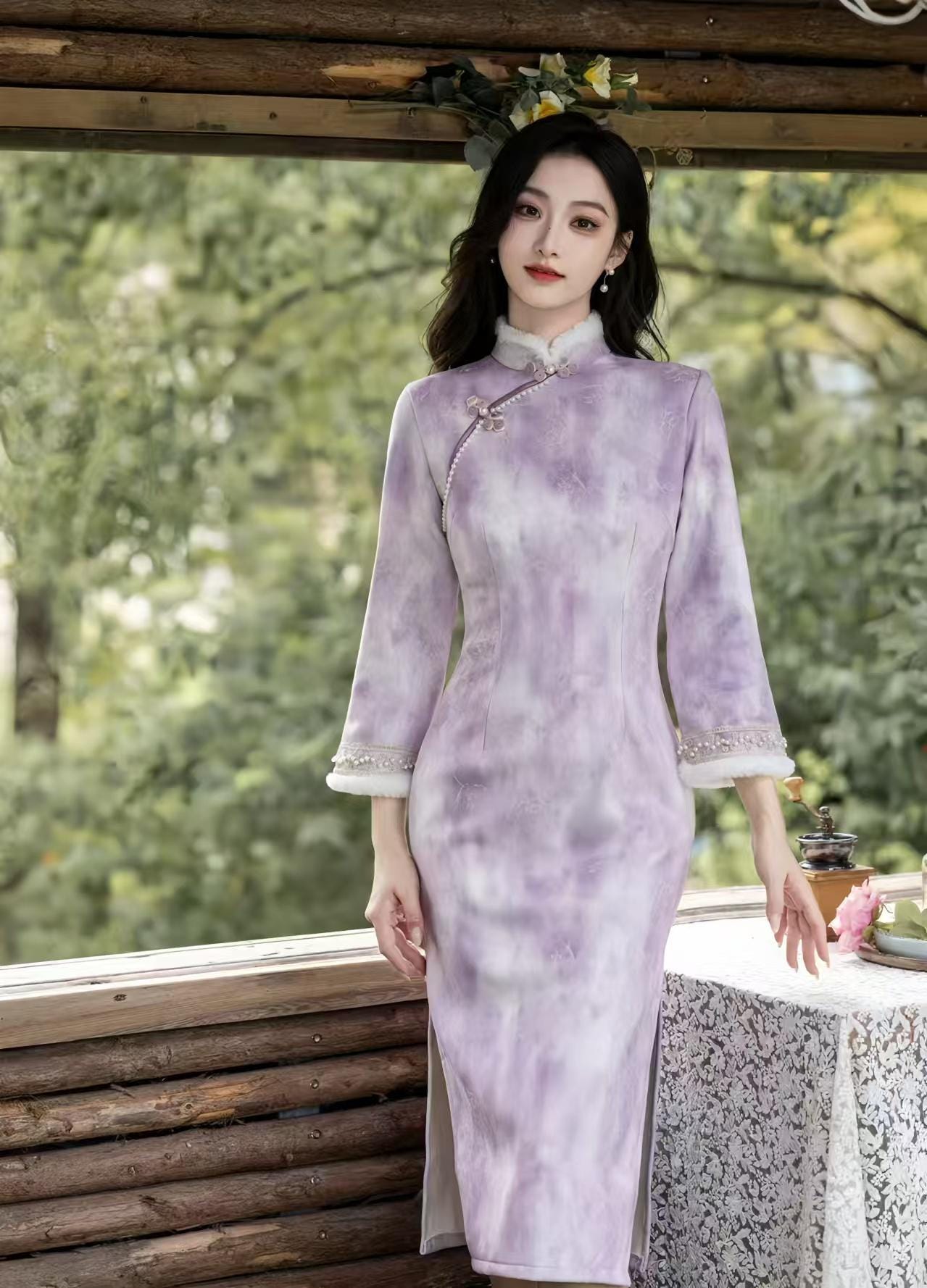 Purple-white velvet qipao, lined cheongsam, elegant Chinese dress, vintage oriental dress, luxury Asian winter costume