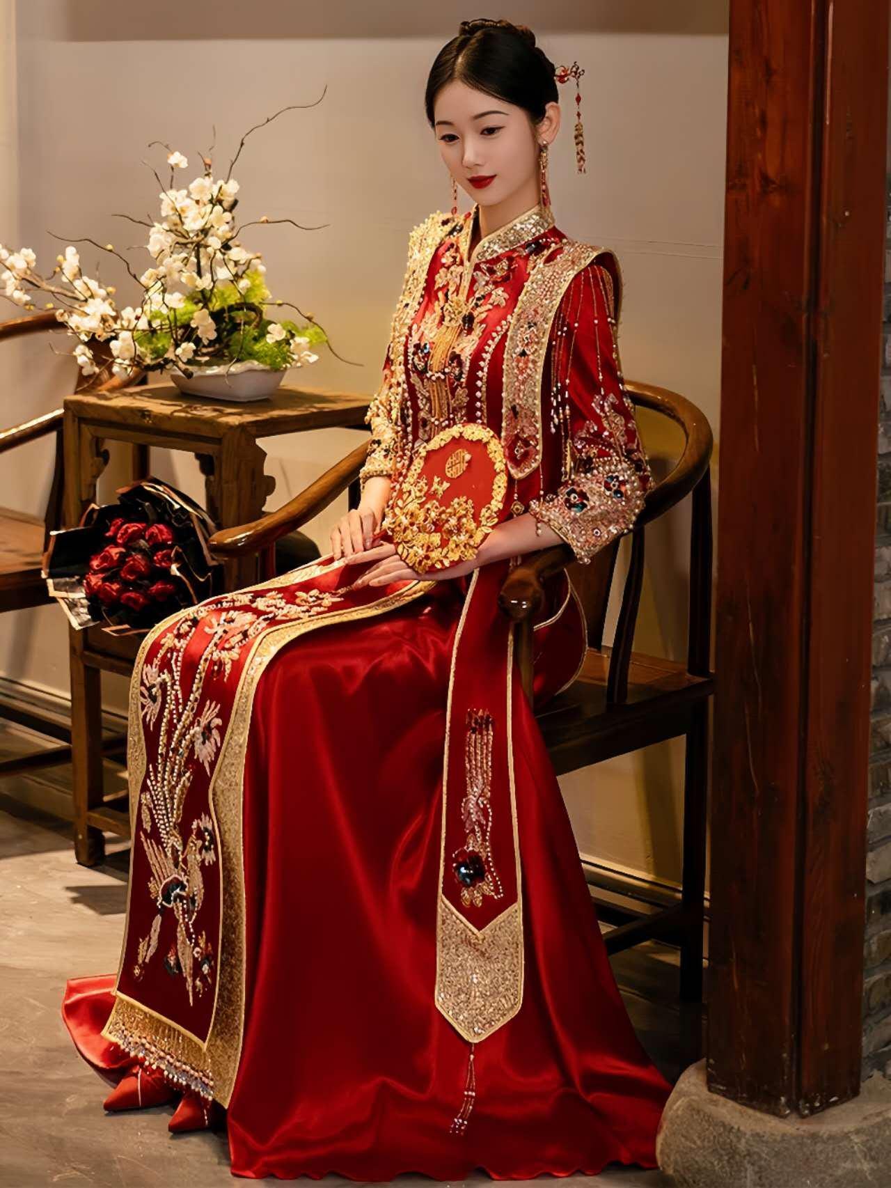 Vestido Chino Rojo Real, Vestido Tradicional Qun Kwa, Traje de Novia Cheongsam Vintage, Ceremonia de Té de Boda, Look de Compromiso Chino