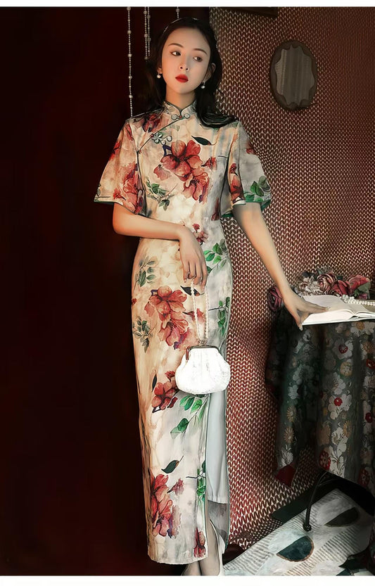 Vestido Qipao Floral de Seda y Lino, Maxi Vestido Largo Cheongsam,Vestido de Invitada de Boda Cultural Tradicional,Ceremonia del Té,Clásico