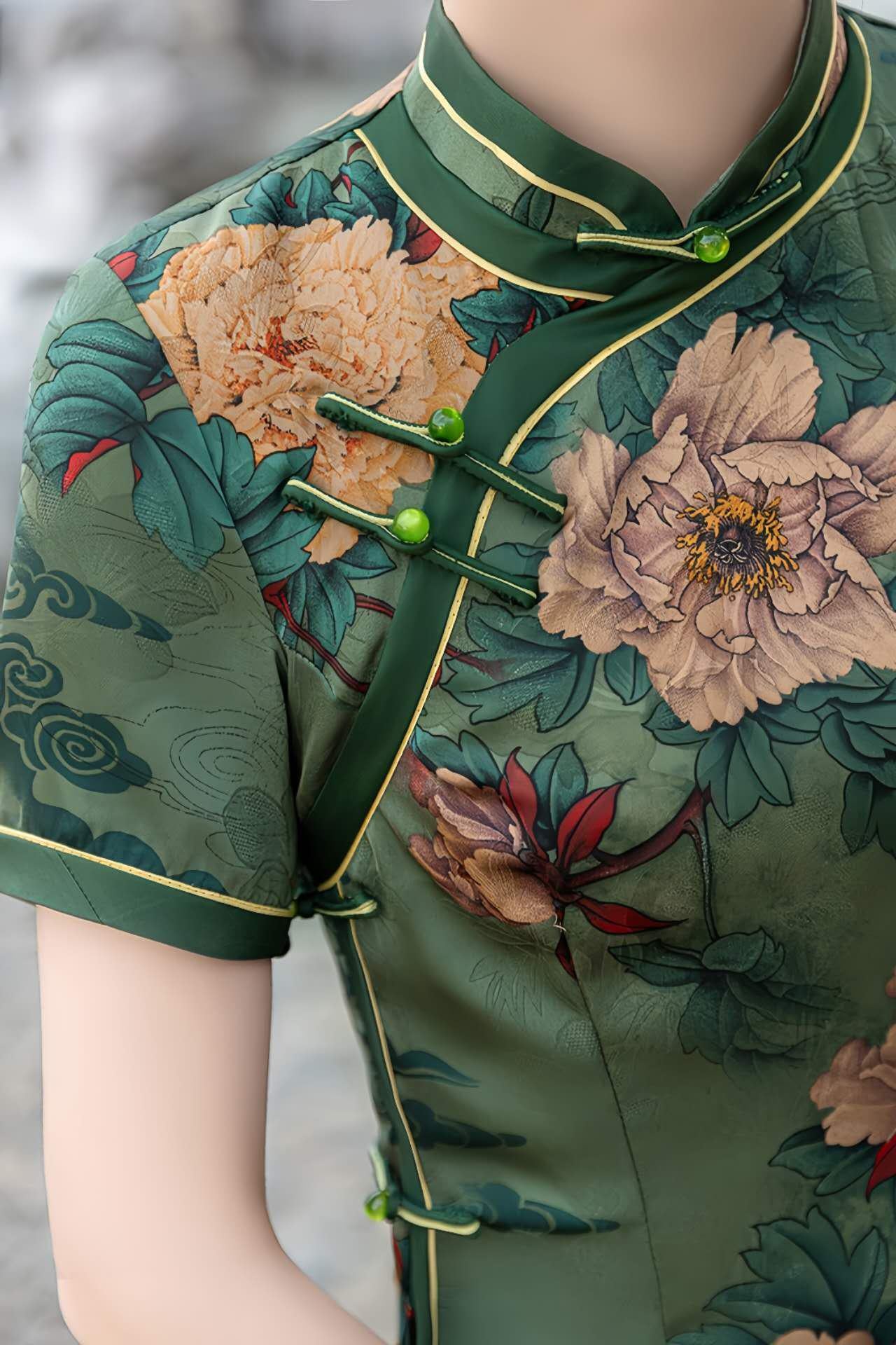 Qipao Floral Verde, Vestido Cheongsam de Seda, Vestido Estampado Peonía,Estilo Retro Chino, Vestido Qipao Clásico, Ceremonia del Té, regalo