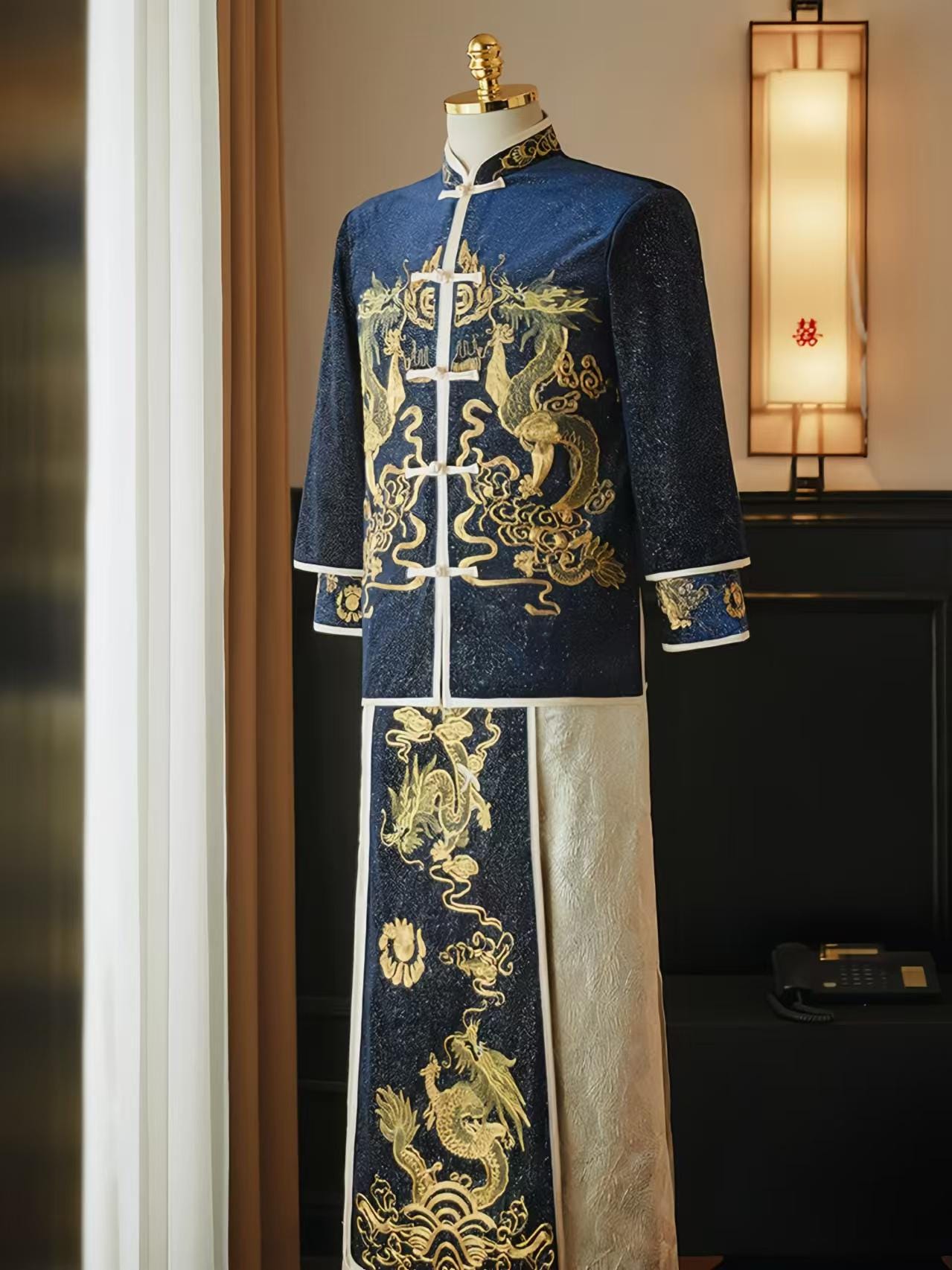 Traje de Novio Boda China, Bata Bordada Dragón Fénix, Chaqueta Tang,Traje Tradicional Hanfu,Ceremonia de Té de Boda,Look de Compromiso Chino