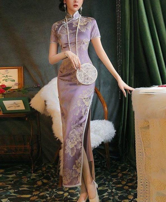 Vestido Qipao Jacquard Acetato Lila | Cheongsam morado Chino Retro | Elegante Vestido de Fiesta Oriental | Cheongsam Floral Mujer