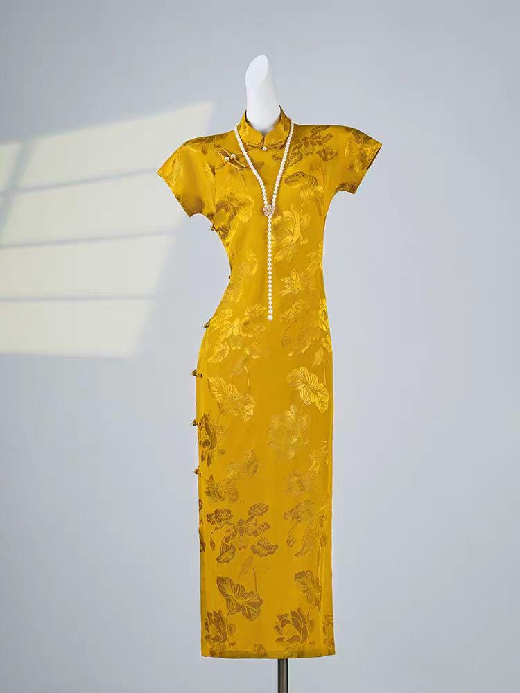 Vestido Cheongsam Dorado, Elegante Vestido Qipao, Vestido Amarillo, Vestido Floral, Estilo Vintage Chino, Traje para la Ceremonia del Té