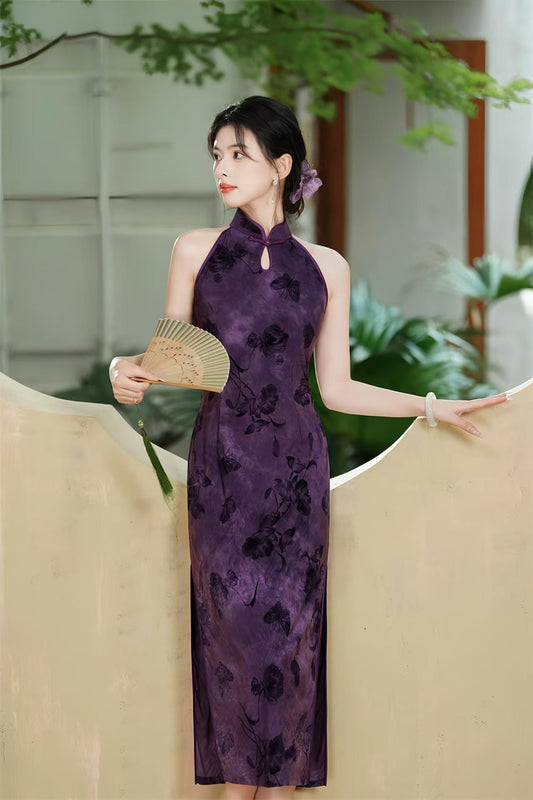 Purple Velvet Qipao, Floral Butterfly Cheongsam, Sexy Oriental Cocktail Dress, Gift for Her, Exotic Cultural Costume, Elegant