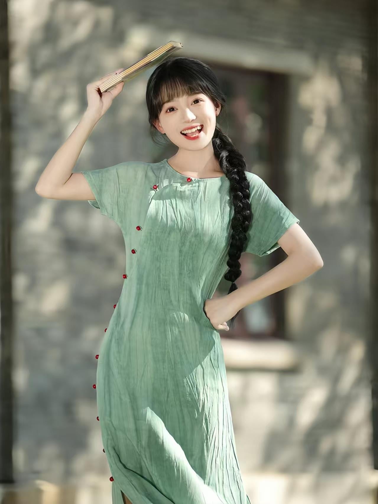 Linen Dyed Qipao Dress, Full Button Round Neck Cheongsam, Natural Fiber Short Sleeve Dress, Chinese Retro Dress, Gift