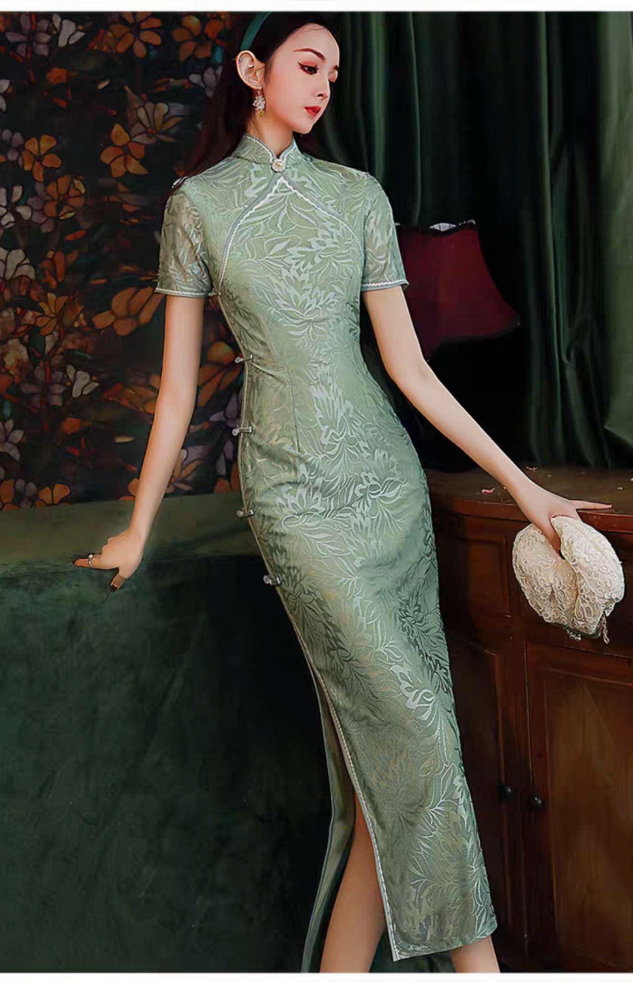 Green Lace Qipao Dress, Vintage Cheongsam, Elegant Chinese Evening Dress, Long Formal Dress, Oriental Wedding Guest Dress