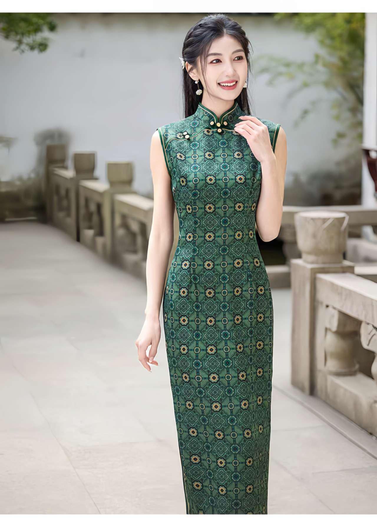 Qipao Chino Vintage,Vestido Cheongsam Retro Elegante,Vestido Qipao Estampado Verde,Qipao Estilo Tradicional,regalo cultural,Ceremonia del Té
