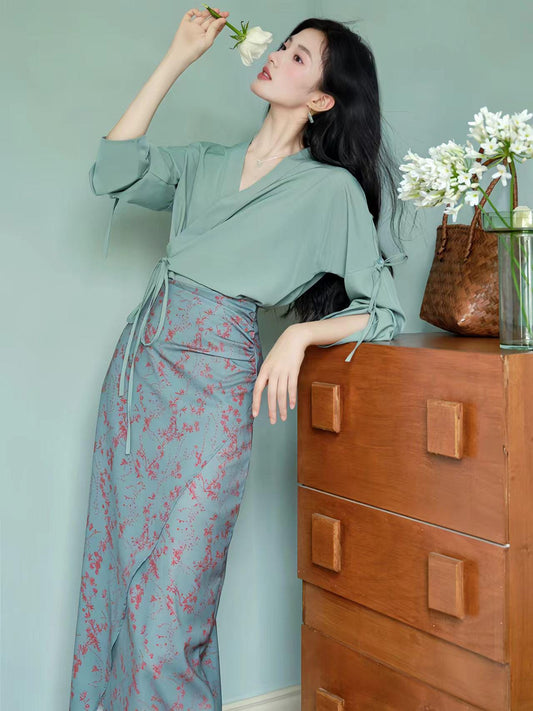 Elegante conjunto de falda y top verde, traje de dos piezas inspirado en el Qipao,conjunto de estilo chino vintage,ropa de oficina cultural