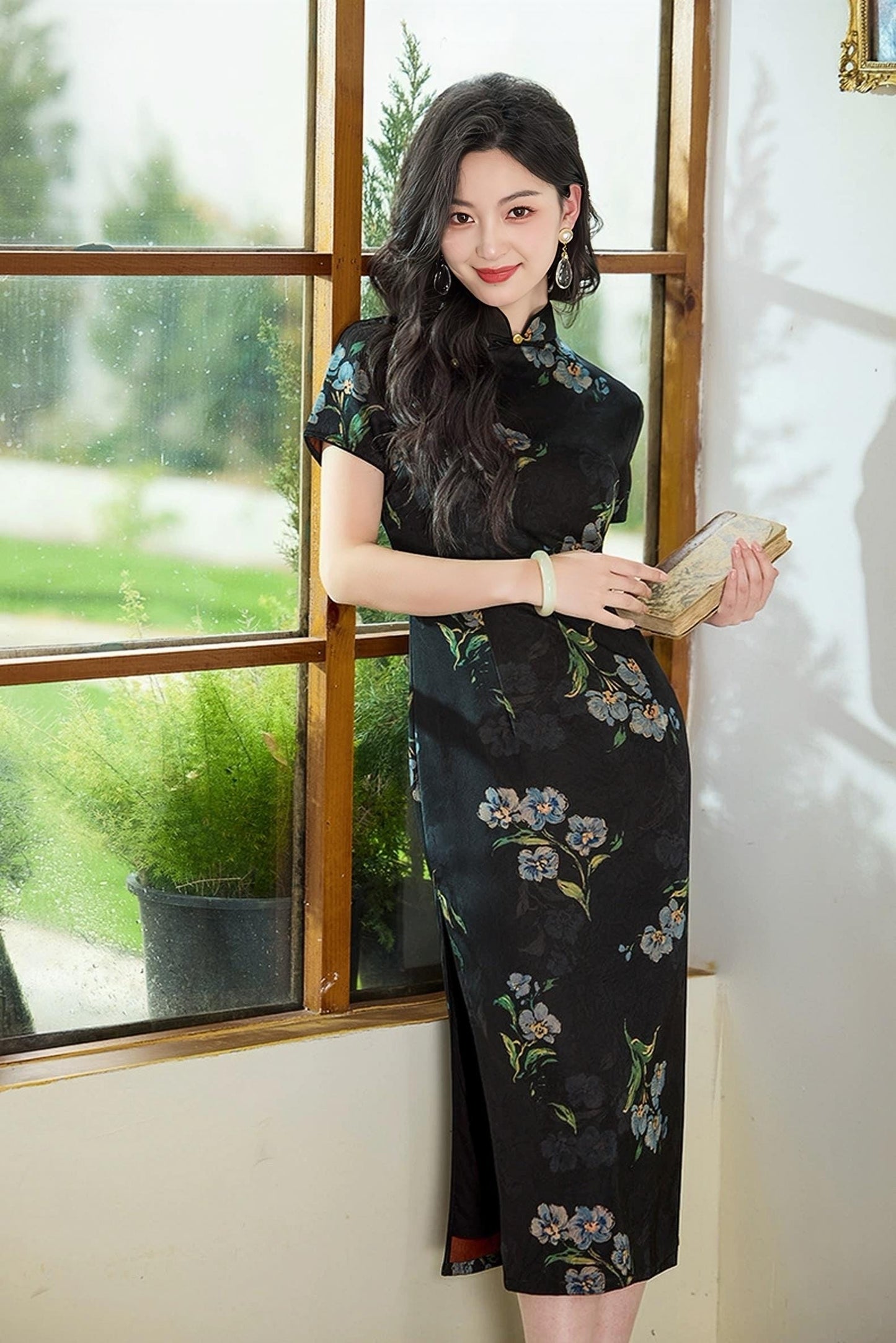 Vestido Cheongsam negro,Vestido Qipao Vintage,Vestido Midi Floral Chino, Vestido de invitada de boda asiática, Vestido para Ceremonia del Té