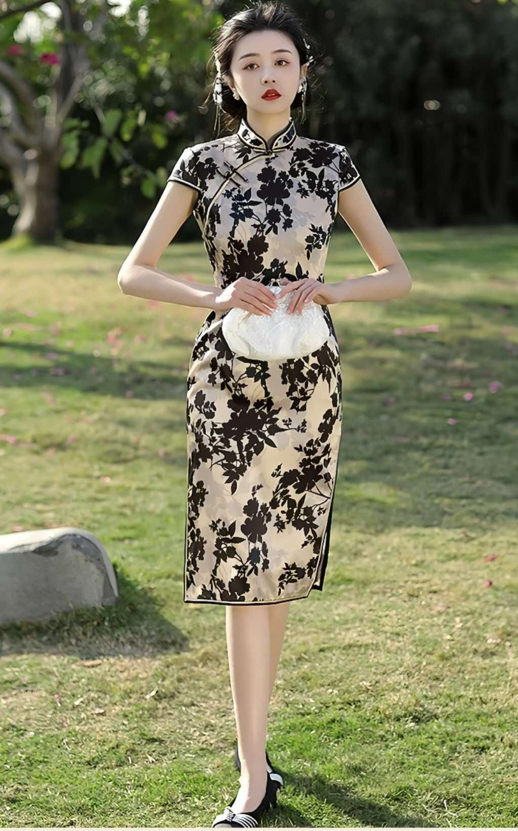 Vestido Qipao Vintage de Seda, Cheongsam Retro para Mujer,Vestido Negro y Dorado, Elegante Vestido Estilo Tang,Vestido para Ceremonia del Té
