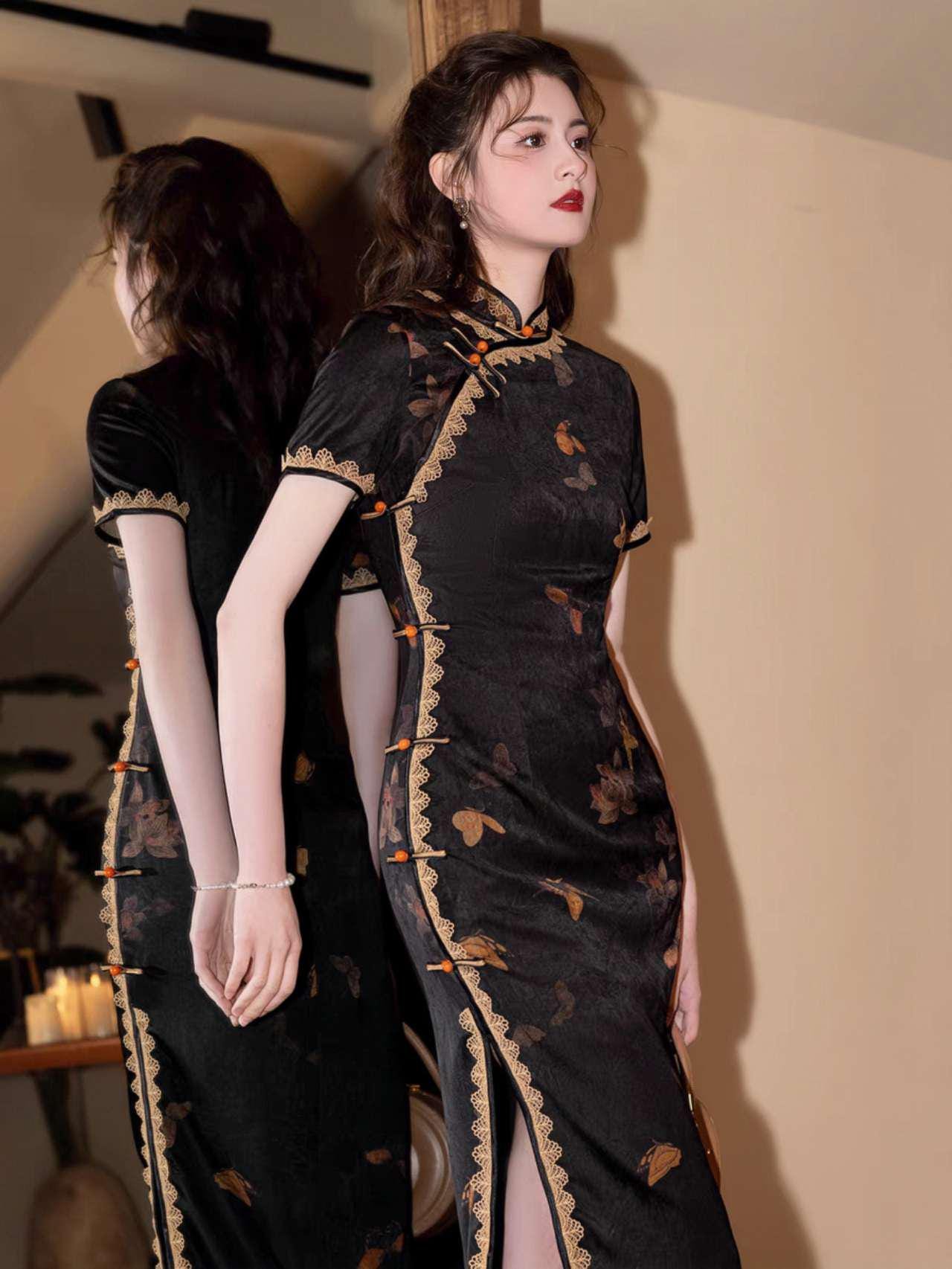 Vestido Qipao Negro, Vestido Cheongsam Vintage,Vestido Chino de Encaje,  Elegante Traje Oriental,Vestido Estampado Mariposa,Ceremonia del Té