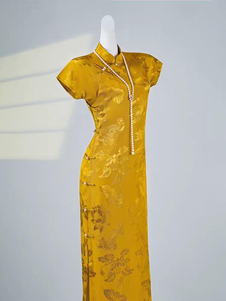 Vestido Cheongsam Dorado, Elegante Vestido Qipao, Vestido Amarillo, Vestido Floral, Estilo Vintage Chino, Traje para la Ceremonia del Té