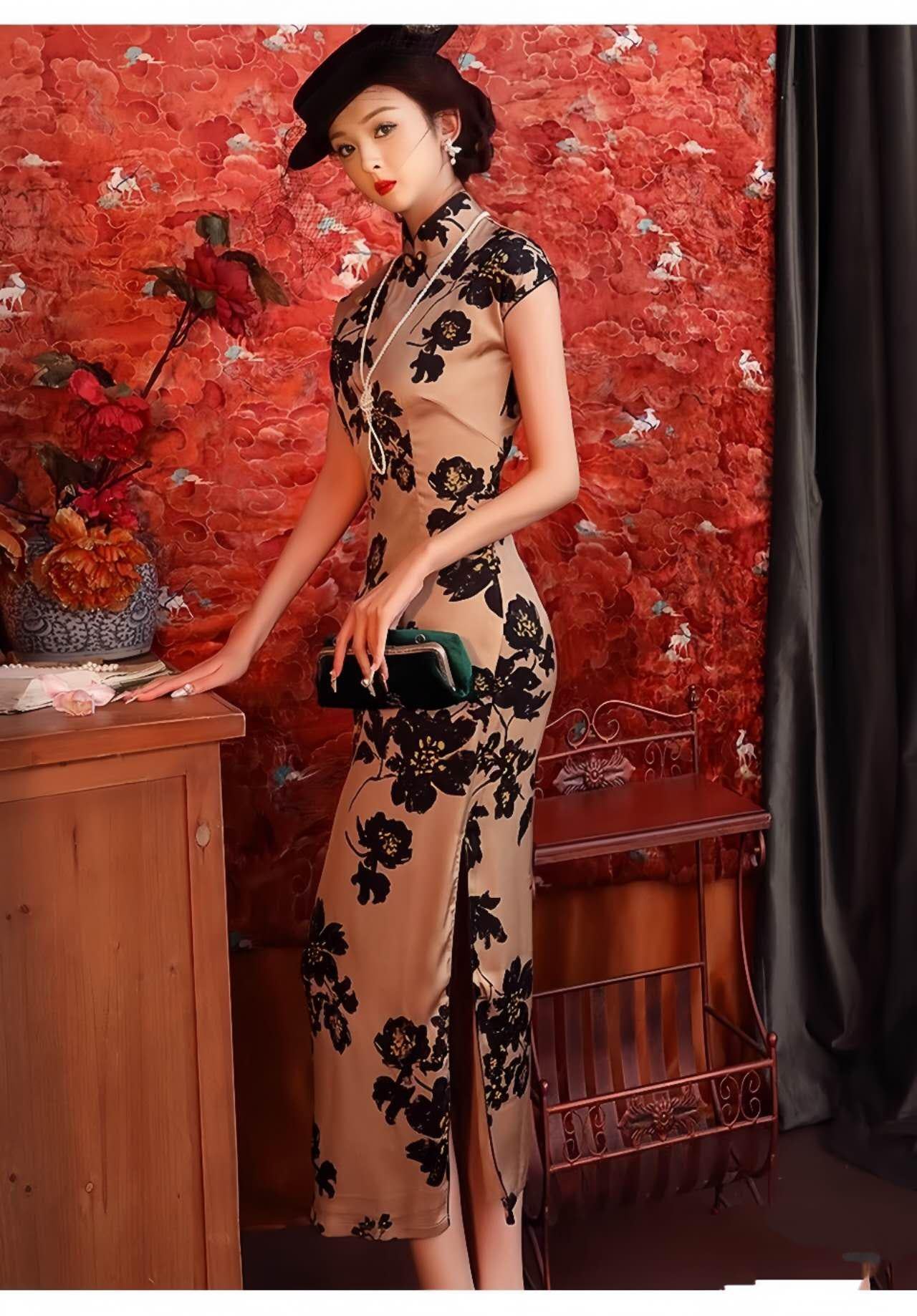 Retro Floral Qipao, Brown Cheongsam Dress, Elegant Vintage Qipao, Oriental Tea Party Dress, Wedding Guest Dress, Gift for Her