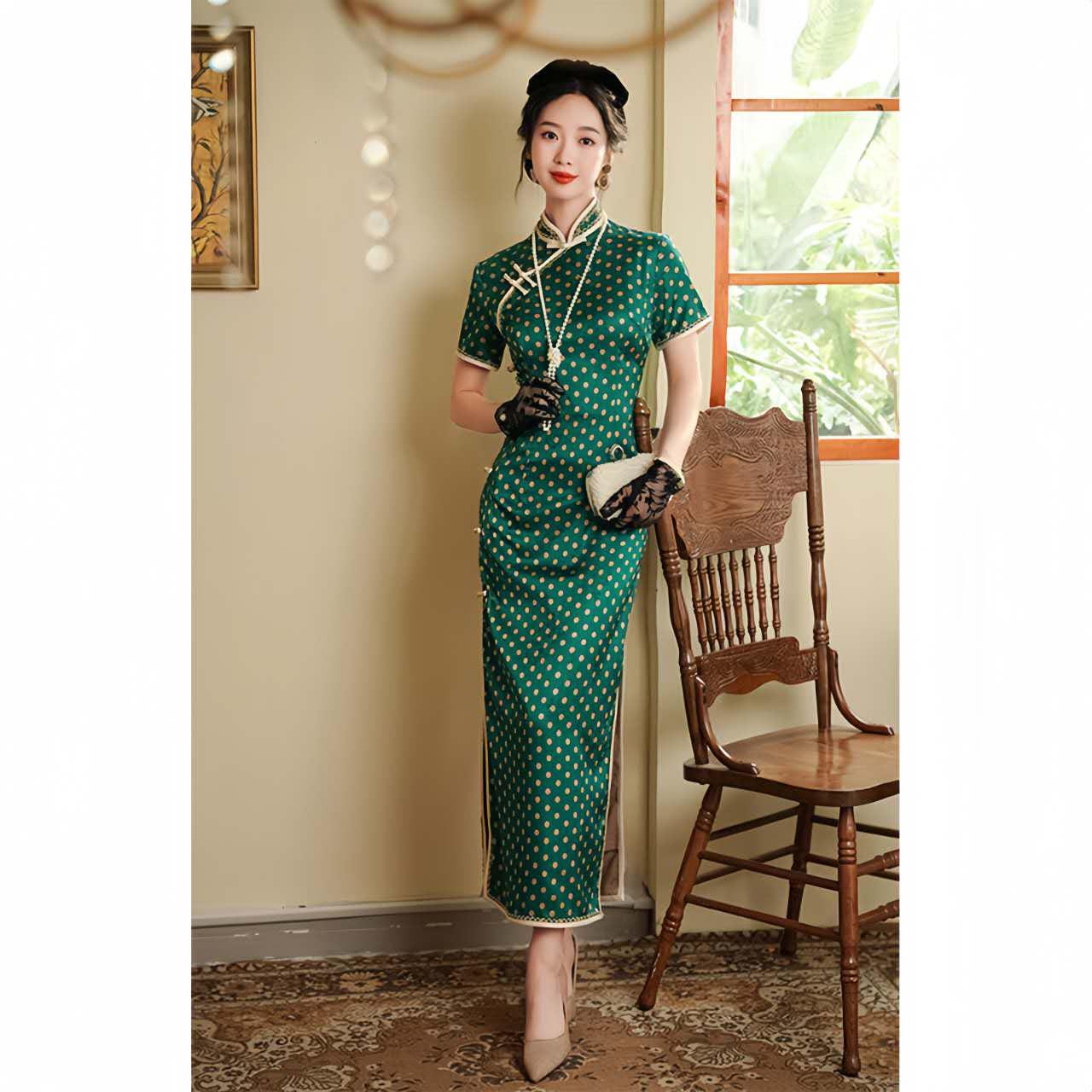 Qipao Vintage de Lunares, Vestido Cheongsam Estilo Francés, Vestido Retro Té Shanghai Verde, Moda Época República de China, tallas grandes