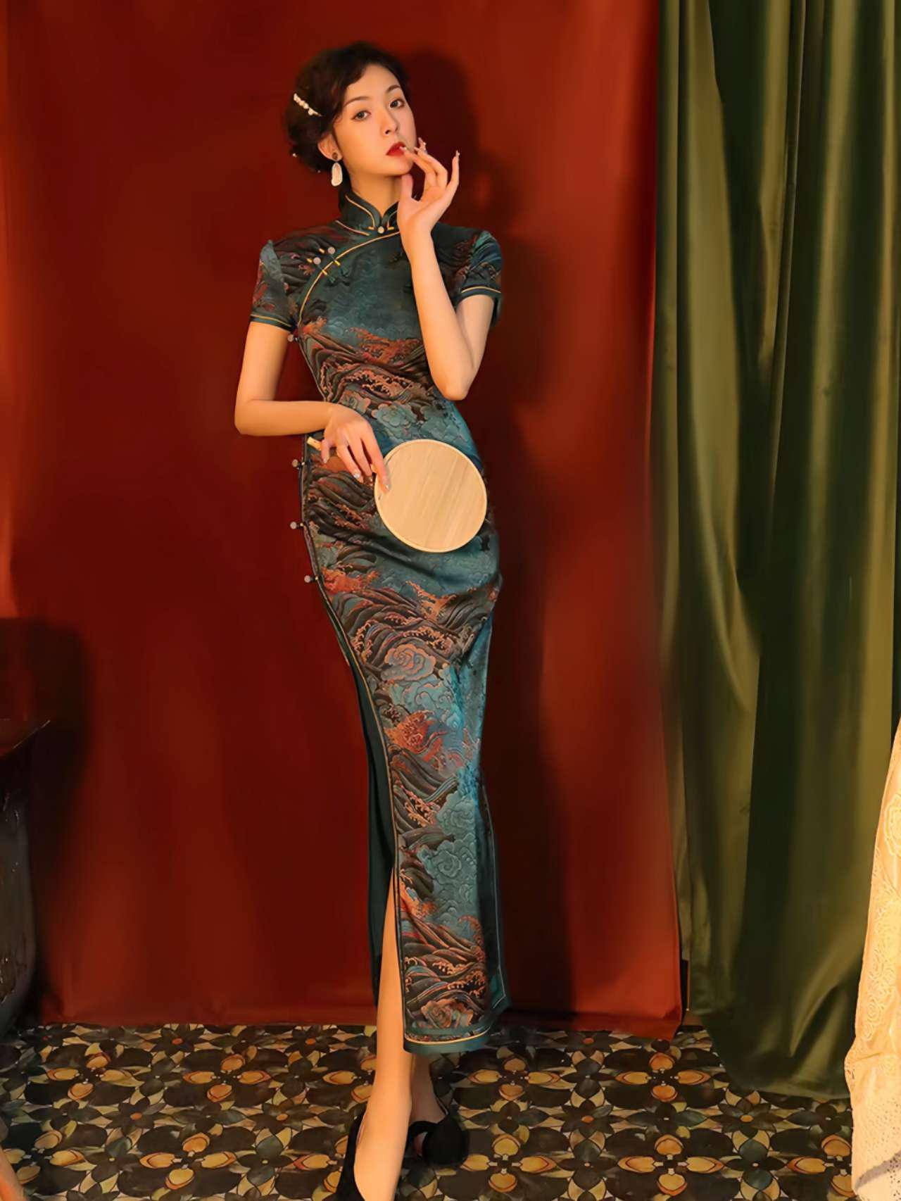 Vestido Qipao Brocado Dorado, Cheongsam Chino Vintage,Vestido Estilo Ópera China, Traje Antiguo de Shanghai,Vestido para Ceremonia del Té