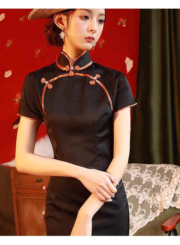 Vestido Qipao de Satén Negro,Vestido Cheongsam Vintage,Elegante Vestido,Traje Formal, Qipao Gótico Oriental,Vestido Tea Party Estilo Años 20