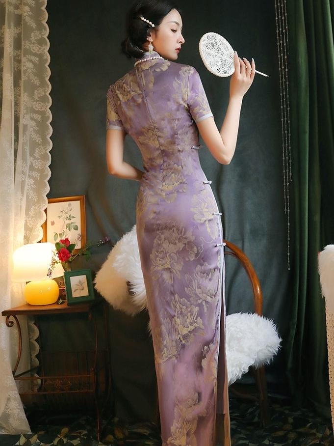 Vestido Qipao Jacquard Acetato Lila | Cheongsam morado Chino Retro | Elegante Vestido de Fiesta Oriental | Cheongsam Floral Mujer