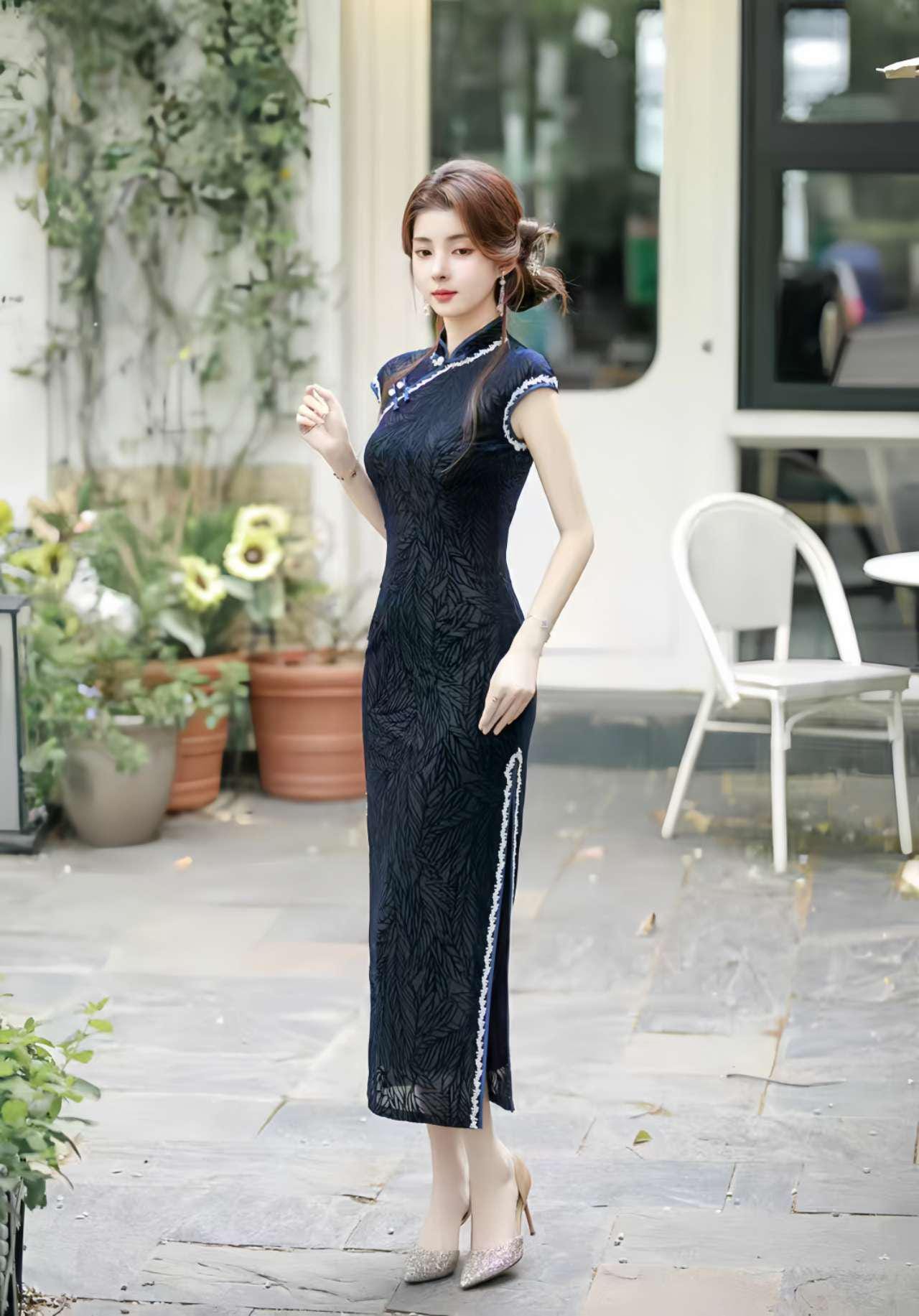 Vestido Qipao Hoja de Terciopelo, Cheongsam Chino Azul Oscuro, Vestido Oriental Vintage, Elegante Qipao de Fiesta, Qipao Retro Clásico