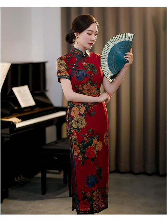 qipao elegante rojo, vestido vintage oriental, ropa cheongsam fiesta, Vestido Vintage Elegante para Té, regalo madre elegante, retro