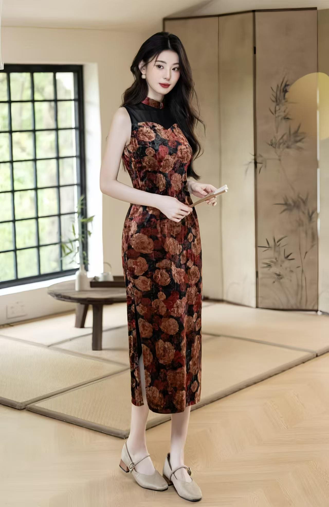 Vestido Qipao Terciopelo, Vestido Cheongsam Floral, Vestido Chino Otoño Invierno, Elegante Vestido Oriental Sin Mangas, Midi Qipao, regalo