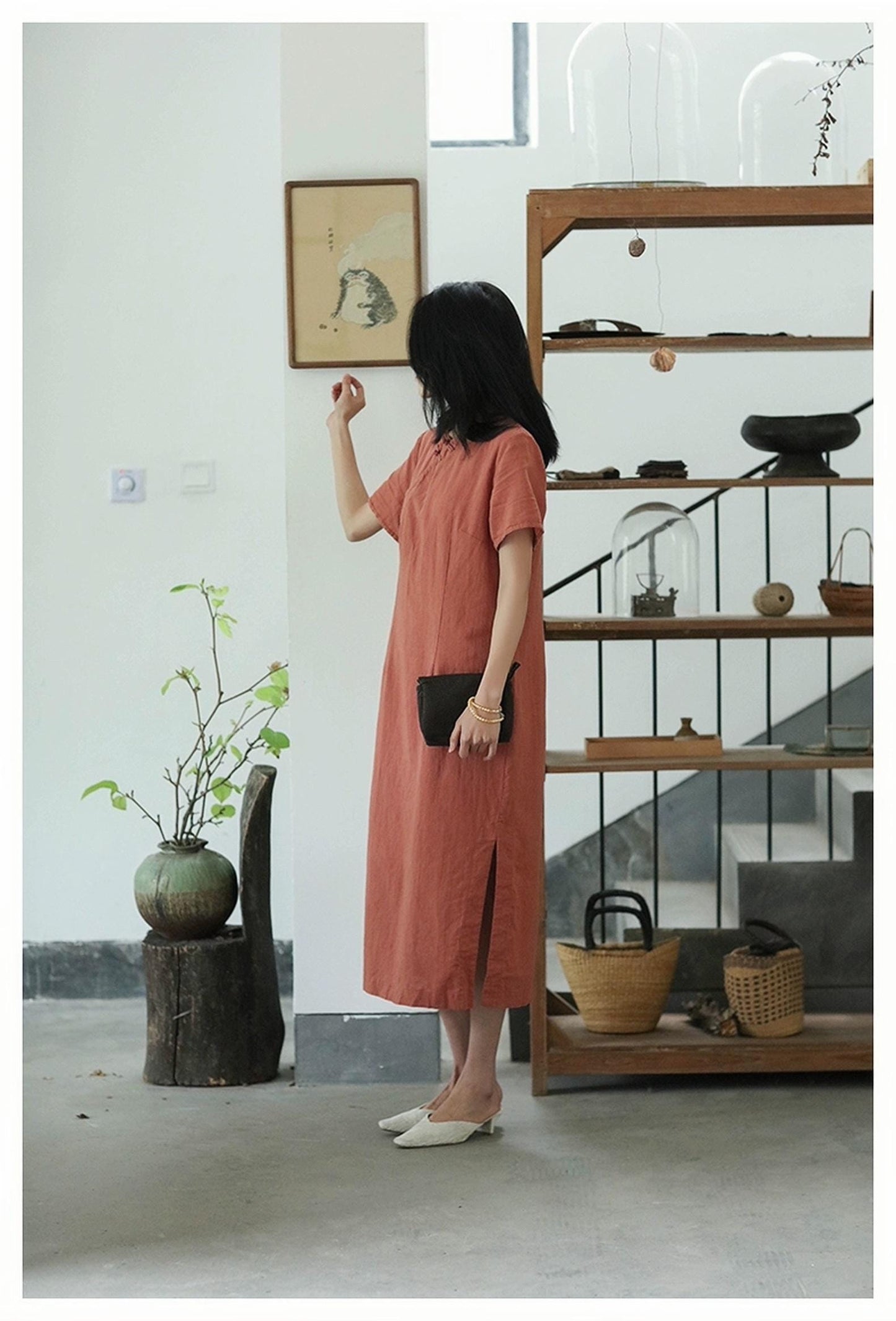 Zen Linen Dress, Japanese Style Dress, Black Cotton Midi Dress, Wabi Sabi Minimal Dress, Vestido de Tejido Natural, Vestido Suelto,vintage