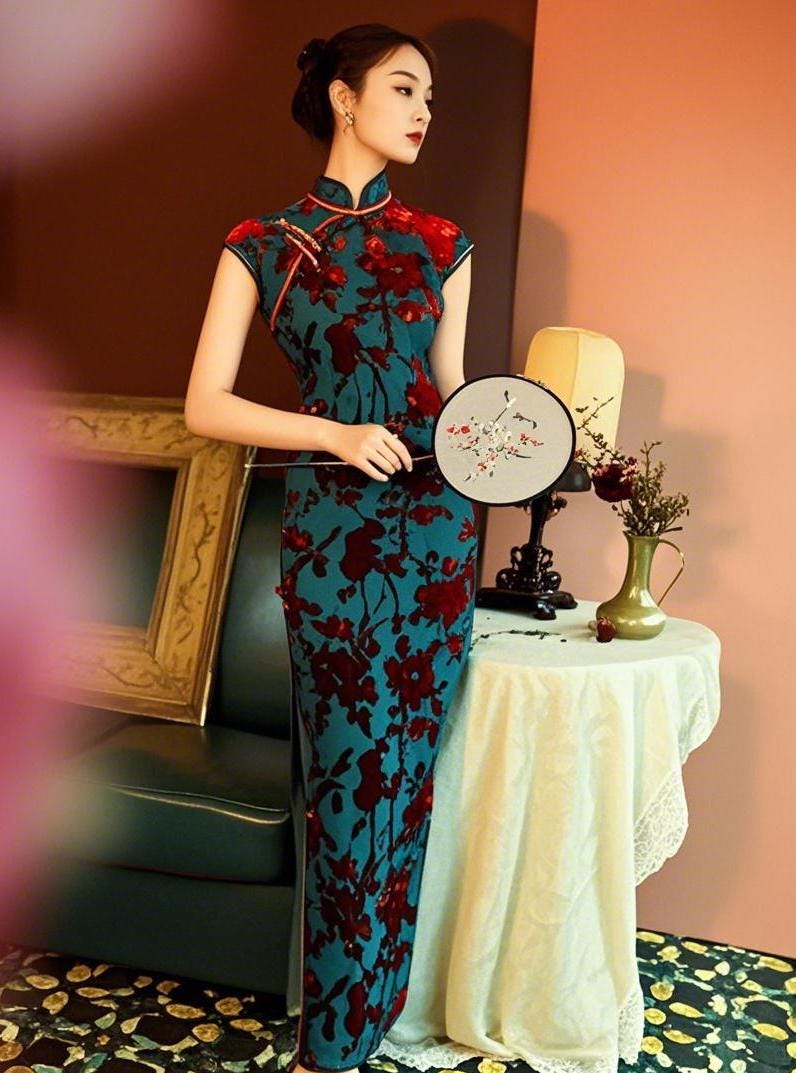 Vestido Qipao Largo Elegante | Cheongsam Tradicional | Vestido Chino Vintage | Moda Oriental | Vestido de Fiesta con Abertura