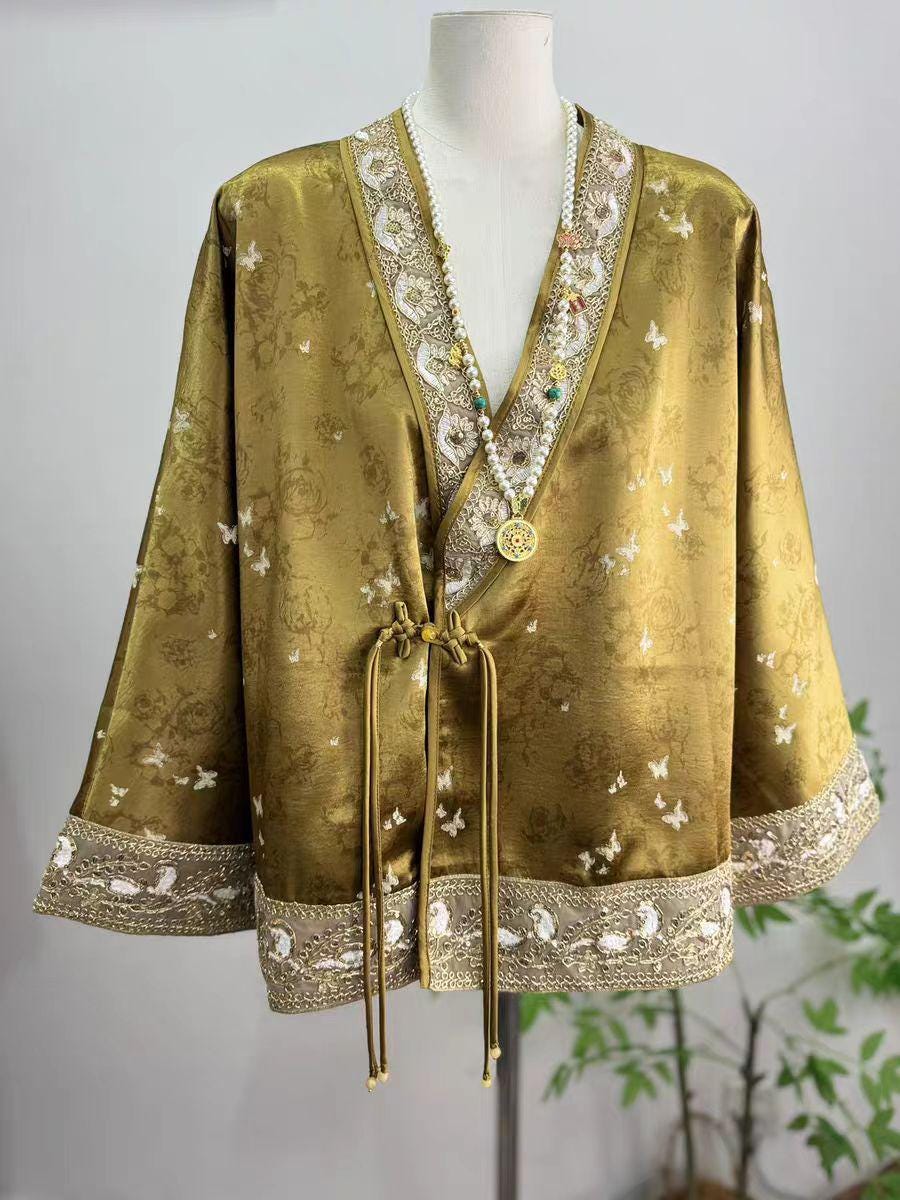 Chaqueta Tang de Oro, Abrigo de Seda China, Top Oriental de Lujo,Blazer Hanfu de Brocado,Prenda Exterior Bordada en Oro,Camisa Estilo Kimono