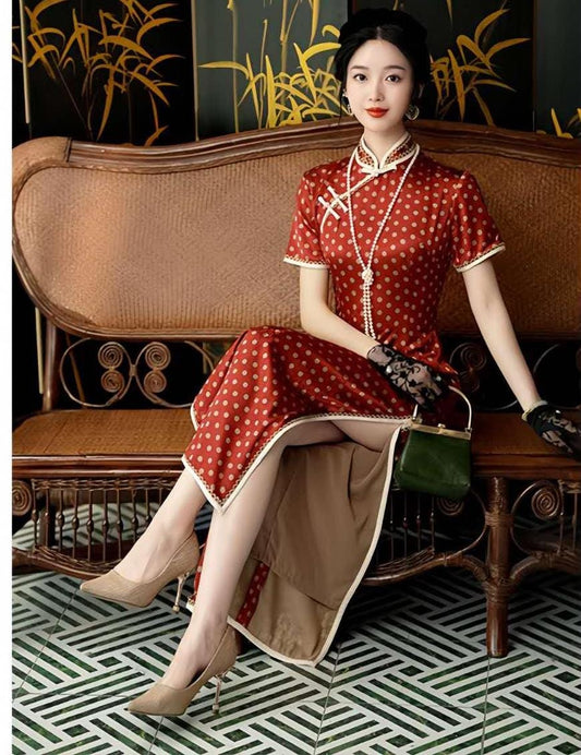 Qipao Vintage de Lunares, Vestido Cheongsam Estilo Francés, Vestido Chino Años 30, Vestido Brocado Floral rojo, Vestido Retro Té Shangai
