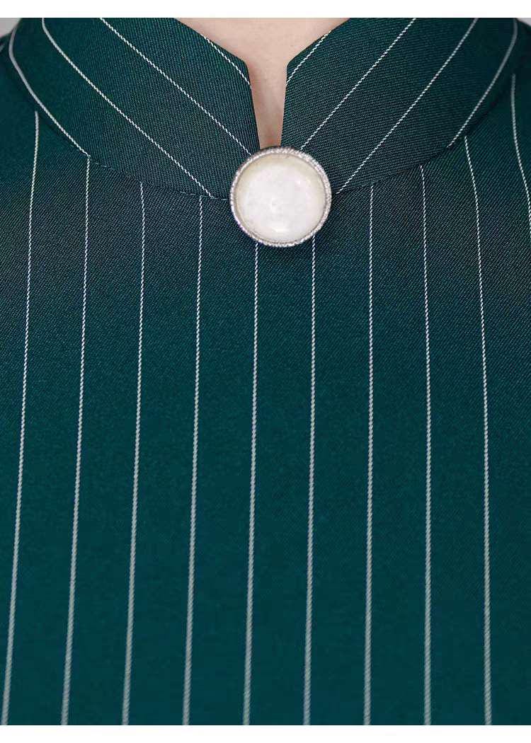 Vestido Qipao Verde Oscuro, Cheongsam Sin Mangas, Vestido Chino Retro a Rayas, Elegante Qipao para Oficina, Vestido Oriental Minimalista