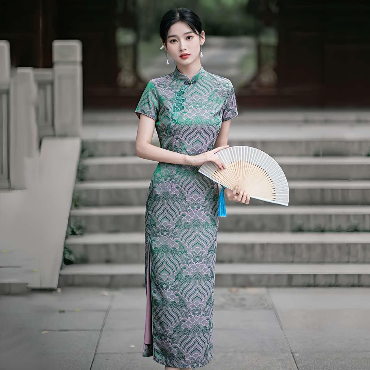 Vestido Cheongsam verde, Vestido Qipao Vintage,  Elegante Vestido Chino, Vestido para Eventos Culturales,Vestido para Ceremonia del Té