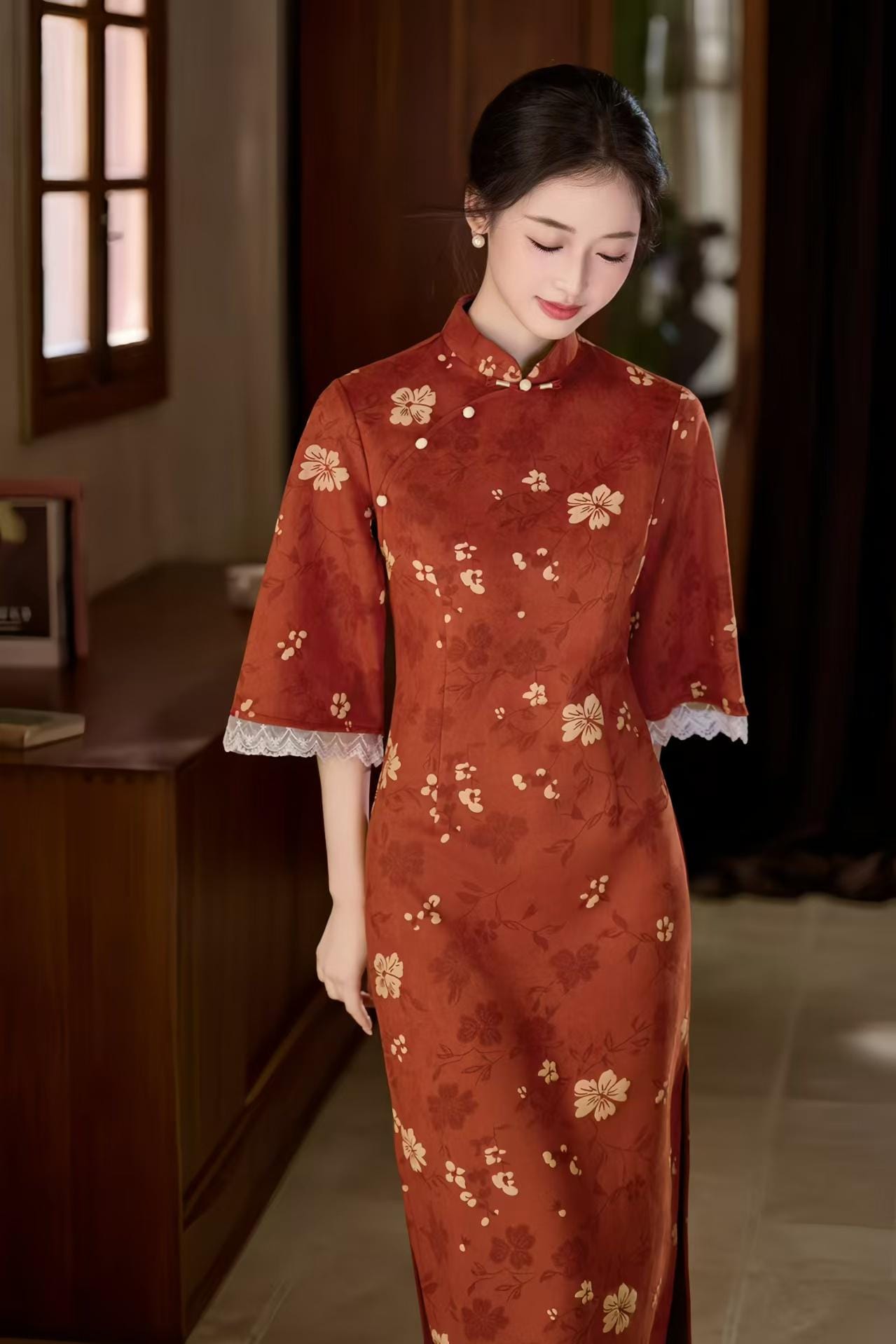 Vestido Qipao Rojo Vintage, Vestido Cheongsam de Ante, Elegante Vestido Midi Floral, Traje de Fiesta Estilo Chino, Cheongsam Otoño Invierno