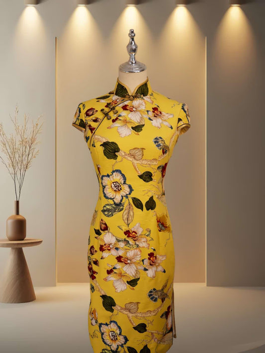 Vestido Cheongsam de Algodón Vibrante, Ropa Floral para Ceremonia de Té, Regalo Único para Ella, Vestido Chino Cheongsam, personalizado