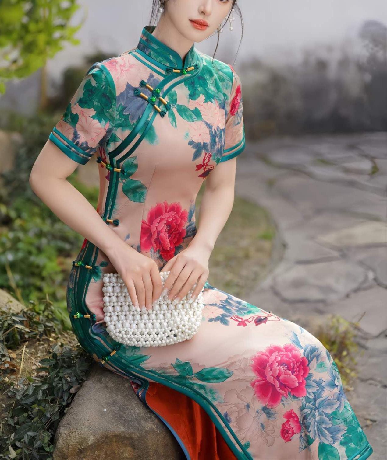 Floral Qipao, Vintage Chinese Cheongsam, Satin Dress, Asian Formal Dress, Tang Dynasty Inspired, Cultural Party Dress,