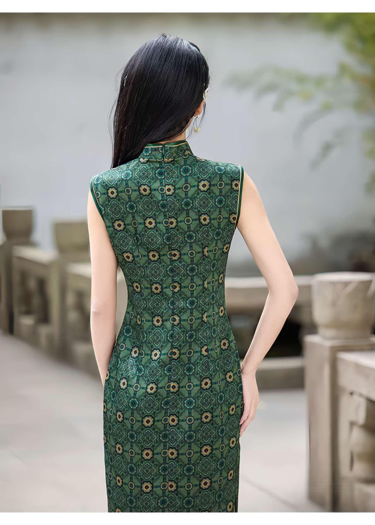 Qipao Chino Vintage,Vestido Cheongsam Retro Elegante,Vestido Qipao Estampado Verde,Qipao Estilo Tradicional,regalo cultural,Ceremonia del Té