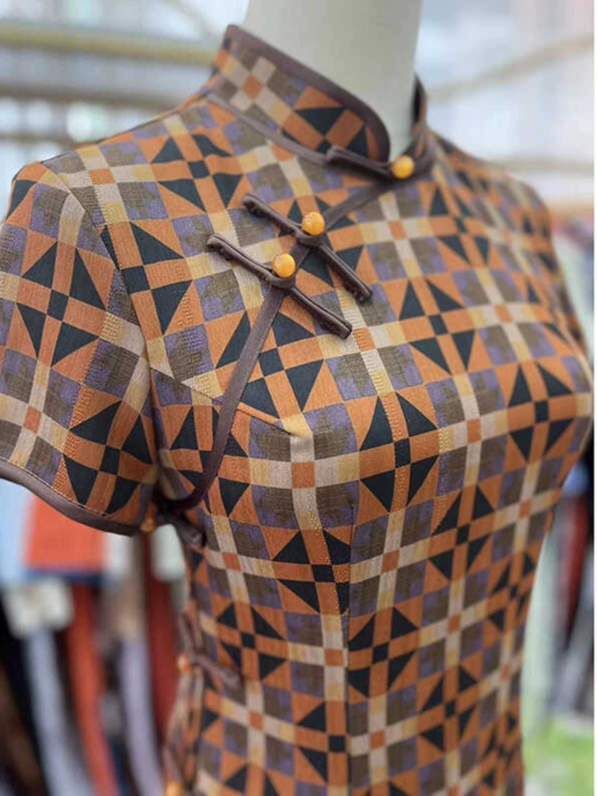 Vintage Qipao Dress, Retro Cheongsam Dress, Chinese Satin Dress, 1920s Style Qipao, Geometric Print Cheongsam, Gatsby Chinese Dress