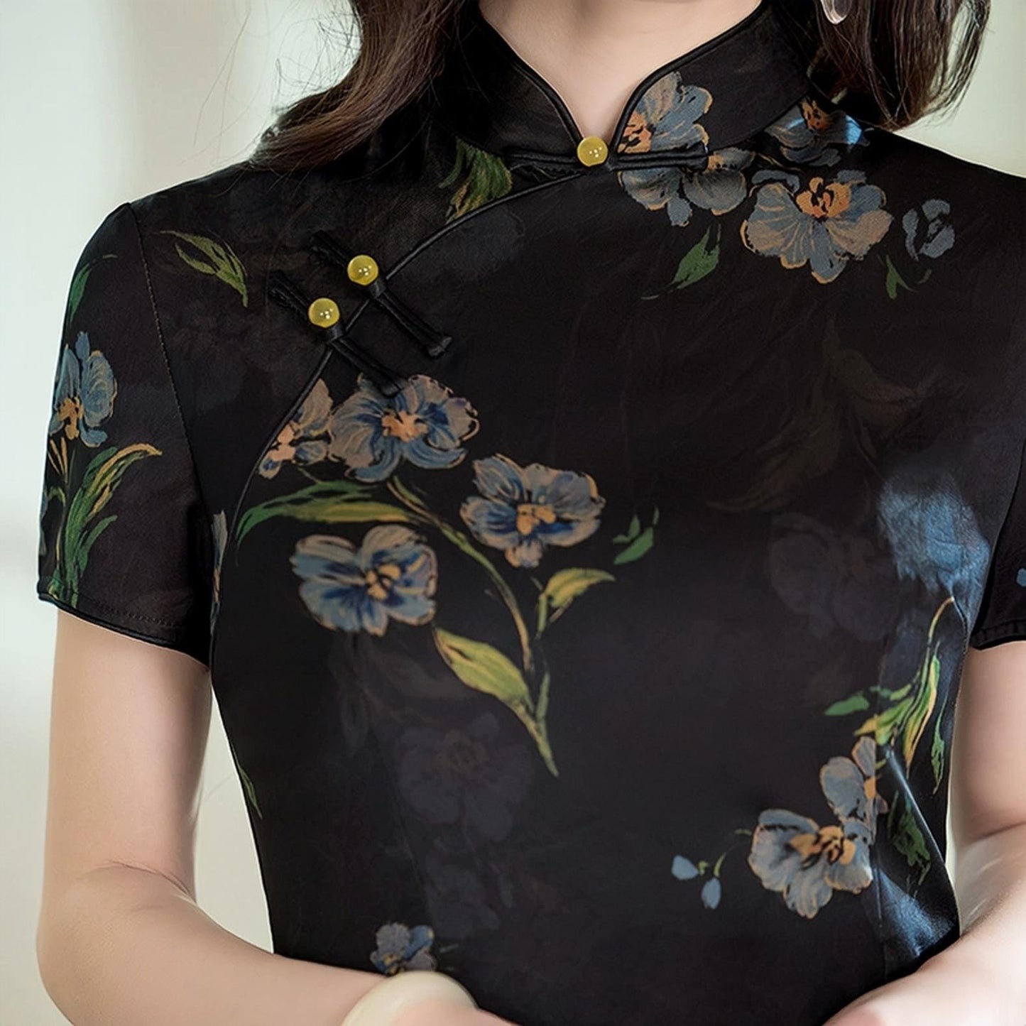 Vestido Cheongsam negro,Vestido Qipao Vintage,Vestido Midi Floral Chino, Vestido de invitada de boda asiática, Vestido para Ceremonia del Té