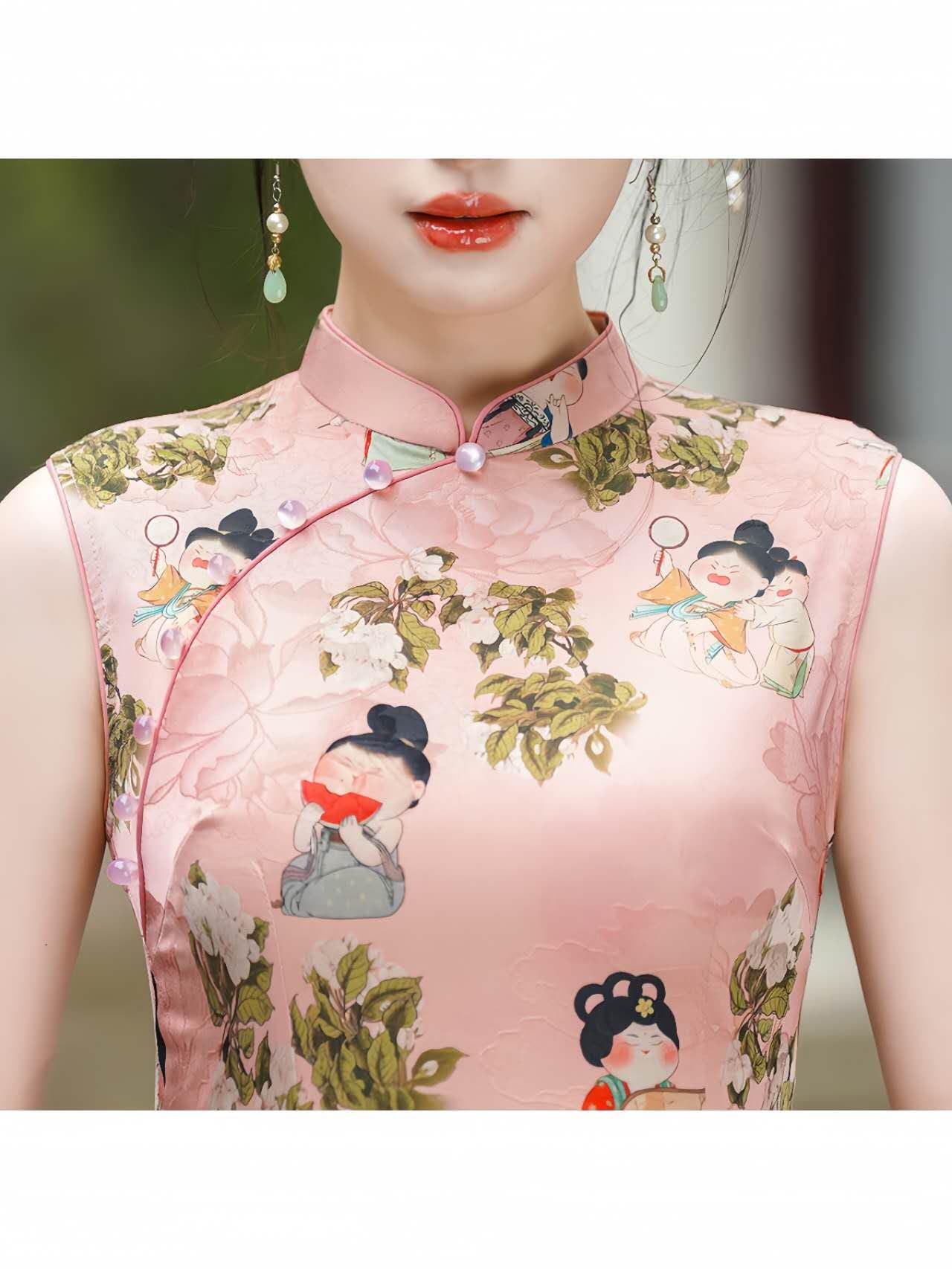Cheongsam Rosa, Qipao Vintage Lady Print, Vestido Cultural Chino, Qipao Inspirado en Hanfu, Vestido para Ceremonia del Té, regalo para ella