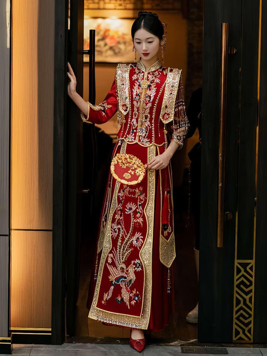 Vestido Chino Rojo Real, Vestido Tradicional Qun Kwa, Traje de Novia Cheongsam Vintage, Ceremonia de Té de Boda, Look de Compromiso Chino