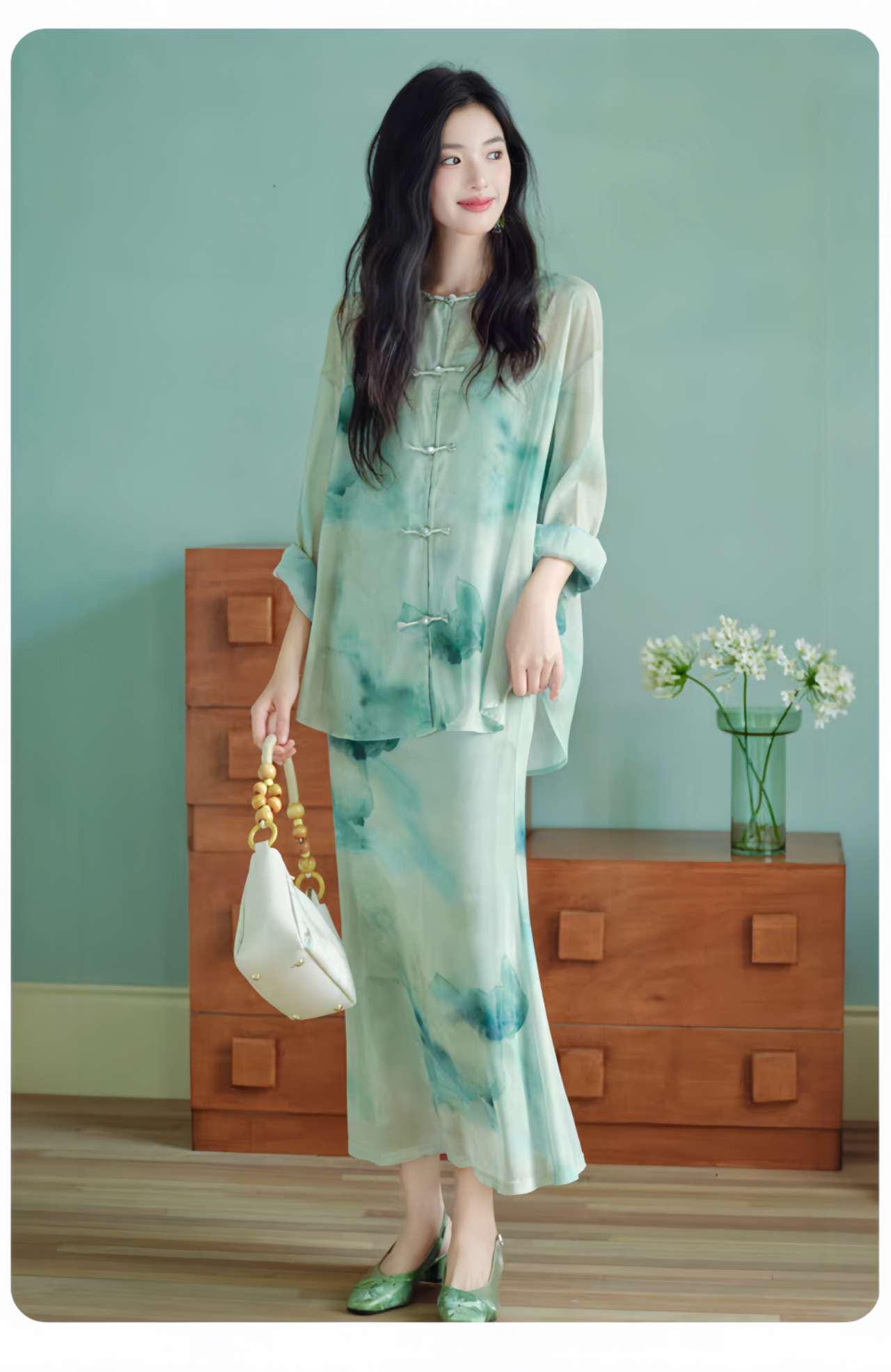 Elegante Conjunto Dos Piezas,Vestido Estilo Zen,Moderno Conjunto Hanfu,Conjunto Verano Oficina,Vestido Asiático Minimalista,Ceremonia del Té