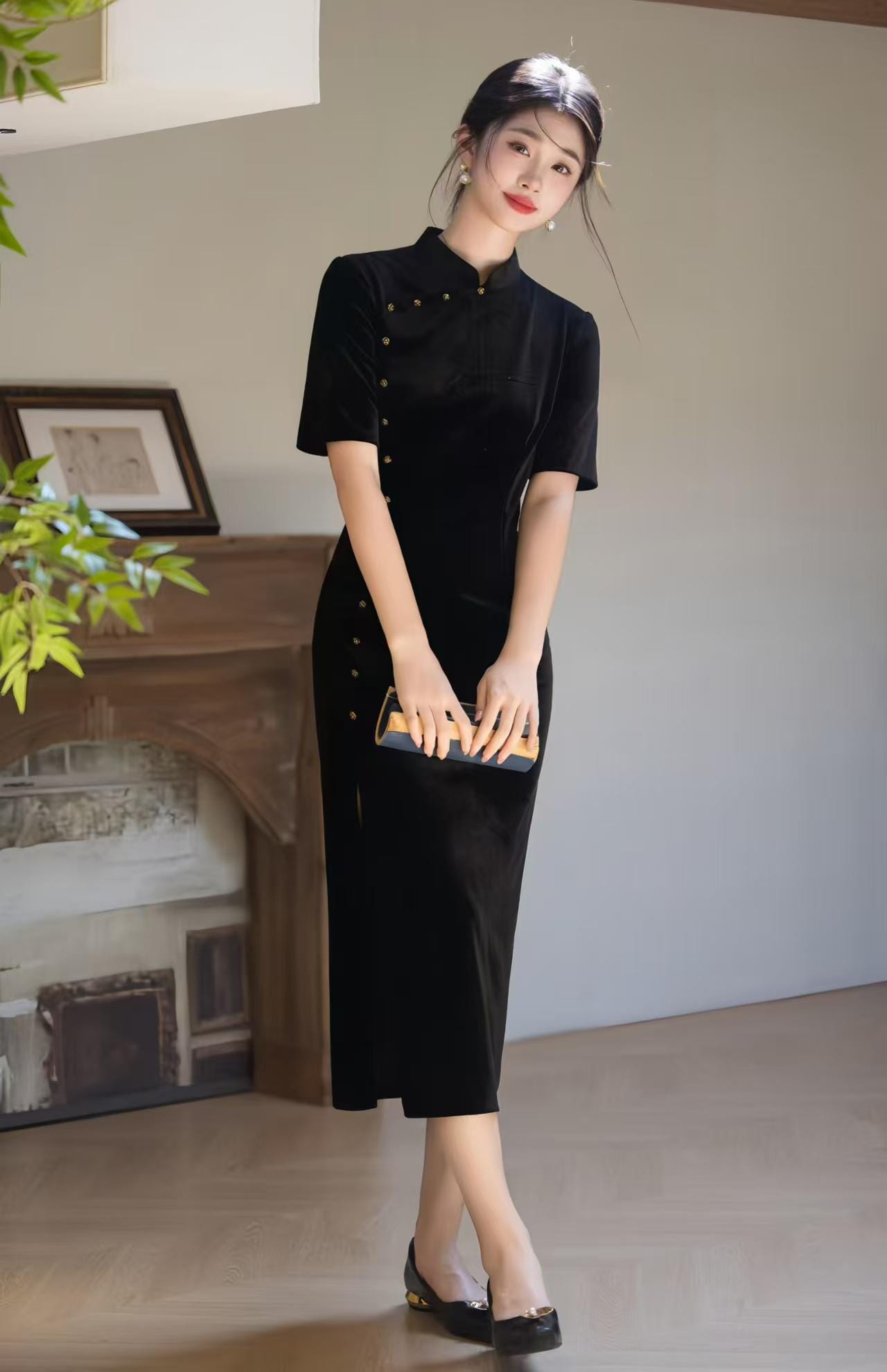 Minimalist Velvet Qipao Dress, Black Cheongsam with Gold Buttons, Elegant Midi Oriental Dress, Luxury Chinese Autumn Dress