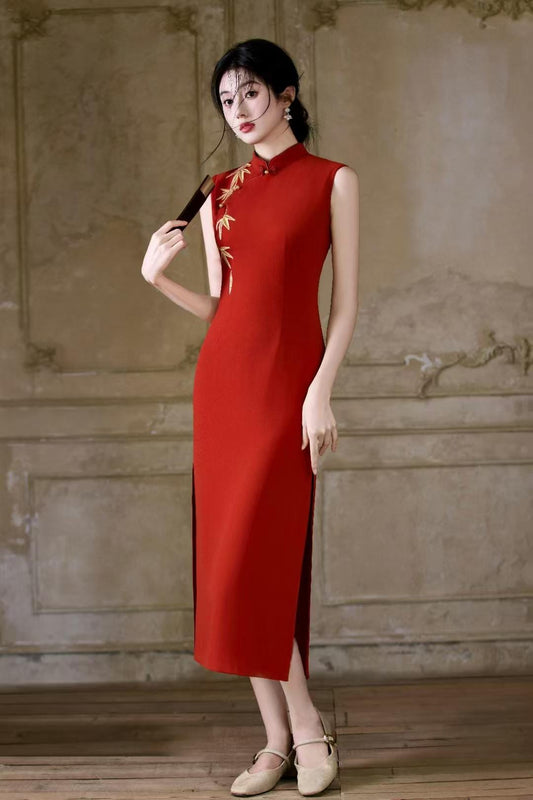 Luxury Satin Embroidered Qipao, Double-Layer Cheongsam Dress, Elegant Gown with Mandarin Collar, Vintage Chinese Evening Dress, Weddings and Parties