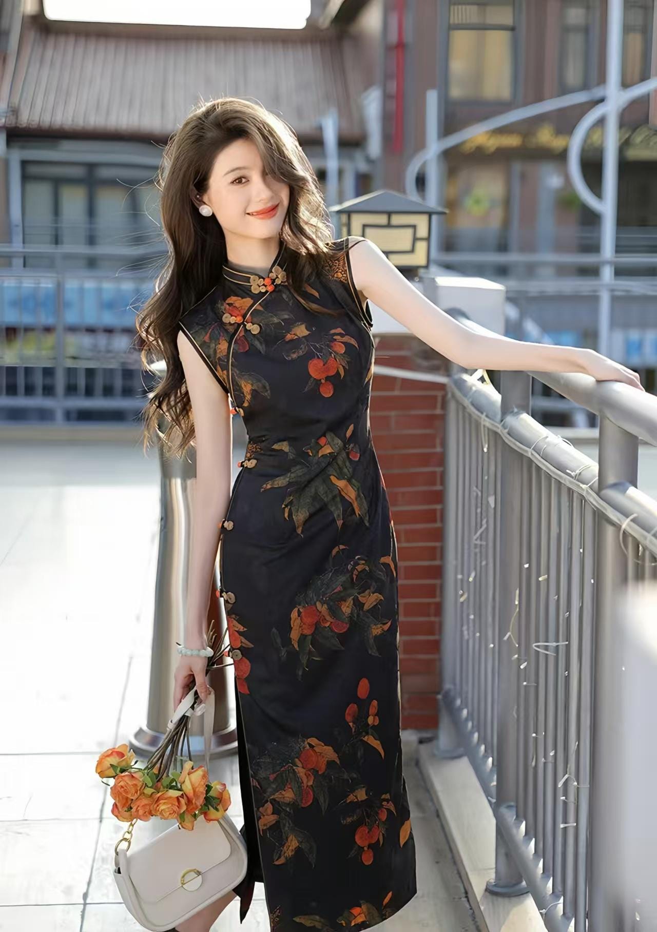 Sleeveless Cheongsam Qipao, Handmade Pumpkin Button Dress, Black Floral Fruit Print Dress, Vintage Chinese Party