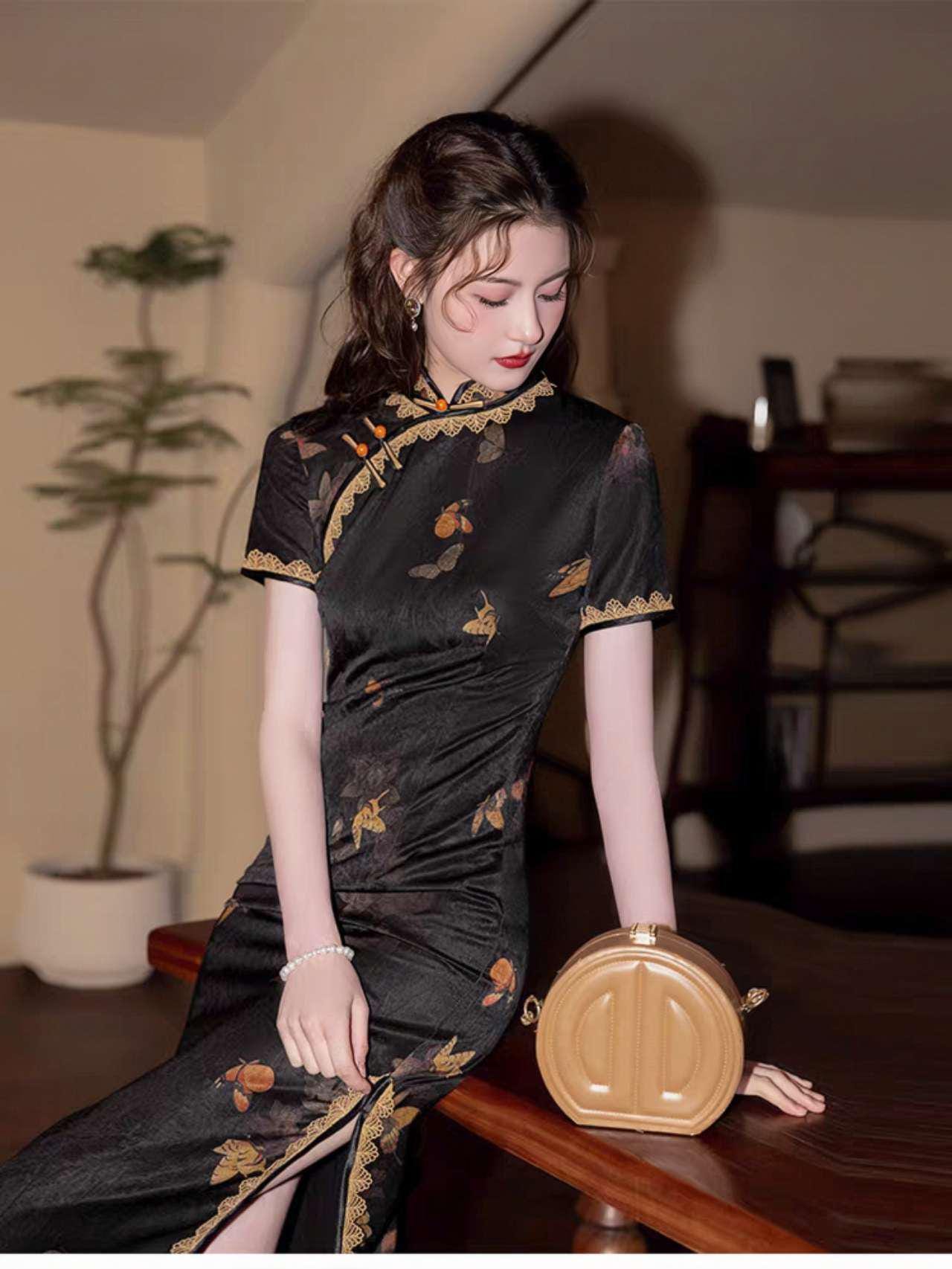 Vestido Qipao Negro, Vestido Cheongsam Vintage,Vestido Chino de Encaje,  Elegante Traje Oriental,Vestido Estampado Mariposa,Ceremonia del Té
