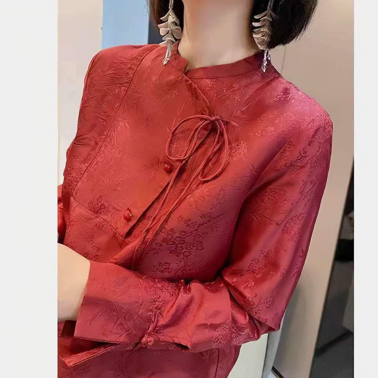 Top Chino Rojo, Camisa Vintage de Botones de Rana,Estilo Retro Tang Suit,Blusa Año Nuevo Lunar,Camisa Roja Tradicional, Ropa China de Fiesta