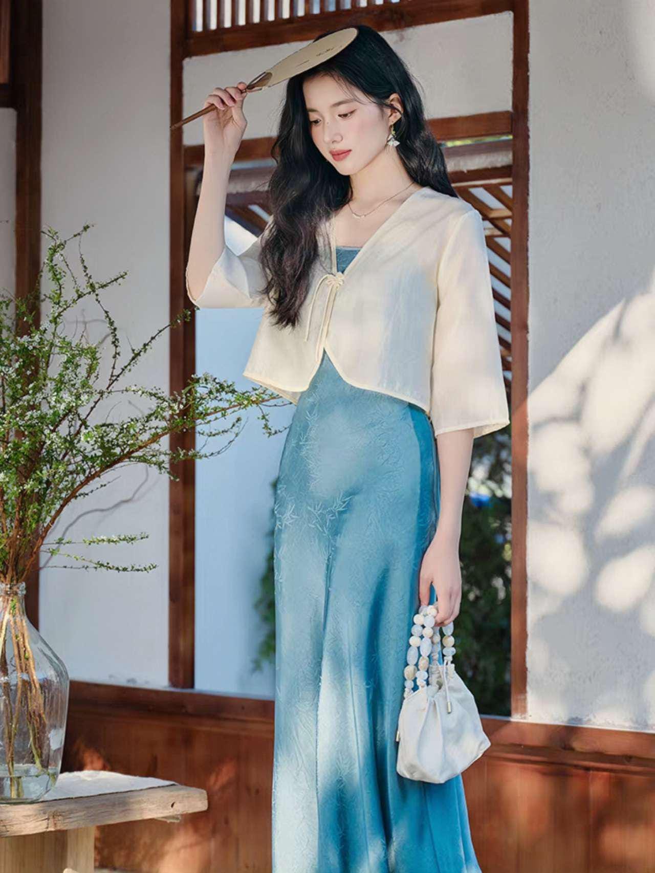 Conjunto Qipao de dos piezas,Vestido Estilo Zen,Moderno Conjunto Hanfu,Conjunto Verano Oficina,Vestido Asiático Minimalista,Ceremonia del Té